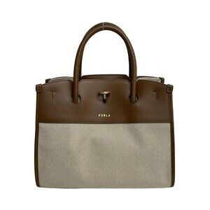 FURLA - Cream Brown Canvas Leather Tote Bag